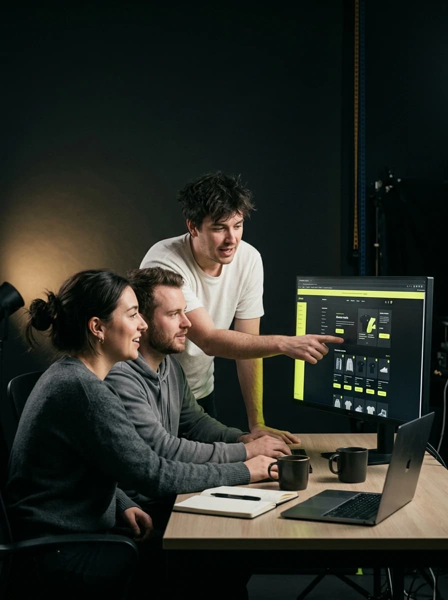 Three members of The Pixel Build team reviewing a Shopify storefront on a monitor