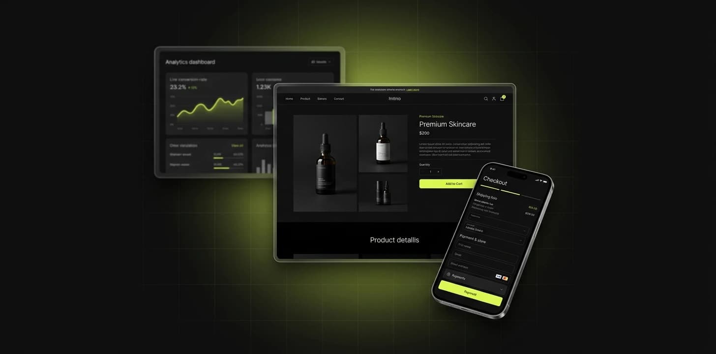 Shopify storefront, mobile checkout and analytics dashboard designed by The Pixel Build